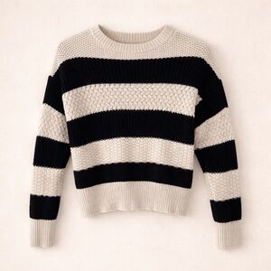 A New Day Striped Cropped Sweater Cream Black Textured Knit XS